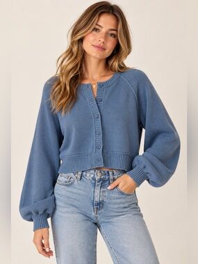 EDIKTED Sammi Blue Puff Sleeve Cotton Cropped Cardigan M